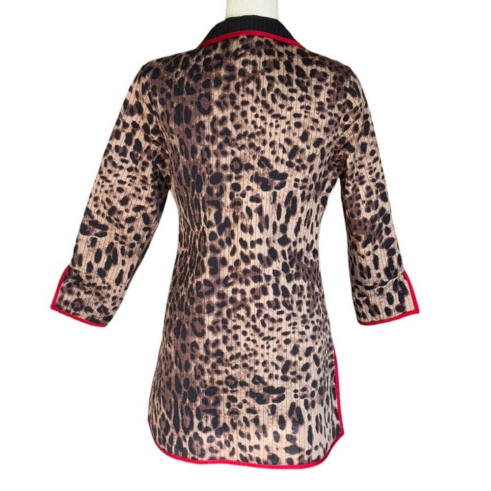 PATTY KIM Leopard Print Quilted Open Front Red Trimmed Jacket Coat - XS - Picture 5 of 9